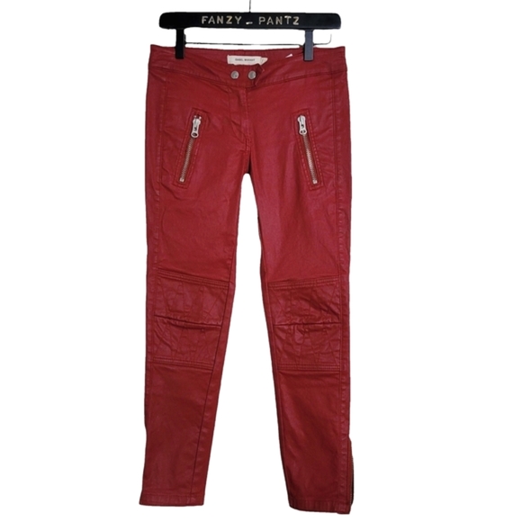 Isabel Marant EToile Pelona Biker Pants Moto Skinny Jeans Red waxed H&M - Picture 2 of 12